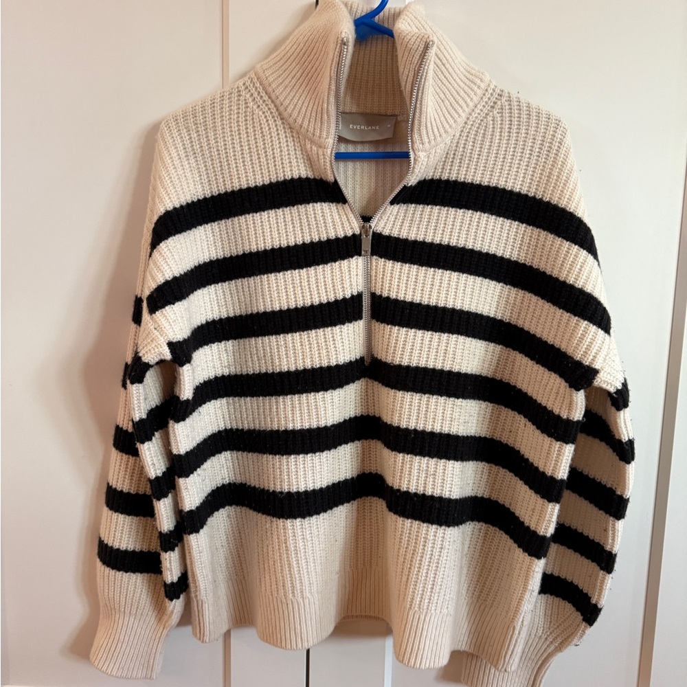 Everlane Black and Cream Striped Turtleneck Sweater